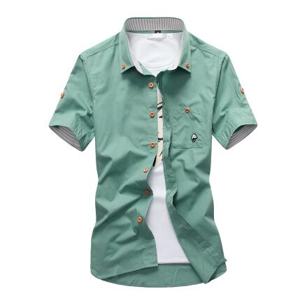 Mushroom Embroidery Mens Short Sleeve Casual Shirts Summer Cotton Shirts